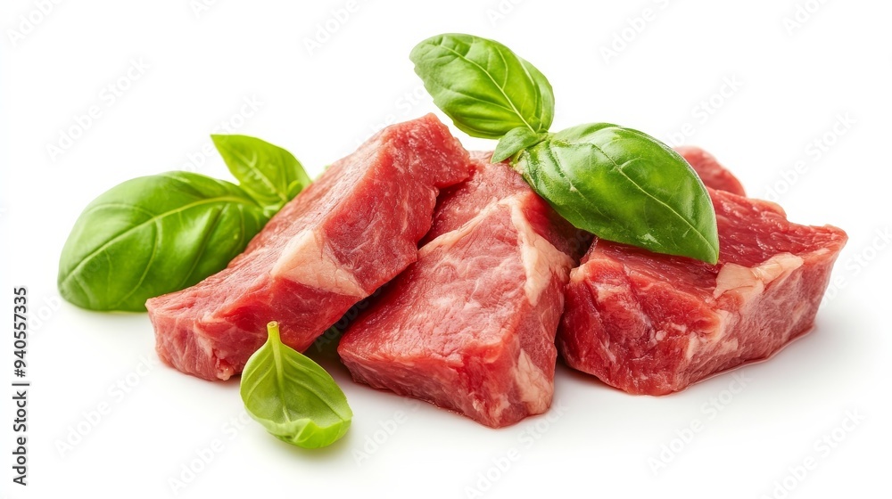 Veal basturma, green basil, isolated white