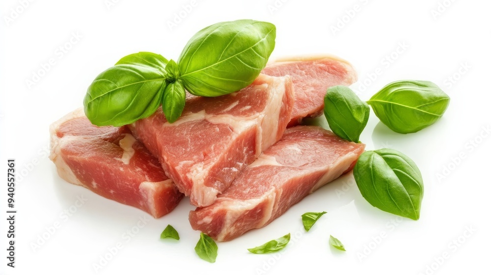 Fresh veal basturma, basil, white background Fresh veal basturma, basil, white background