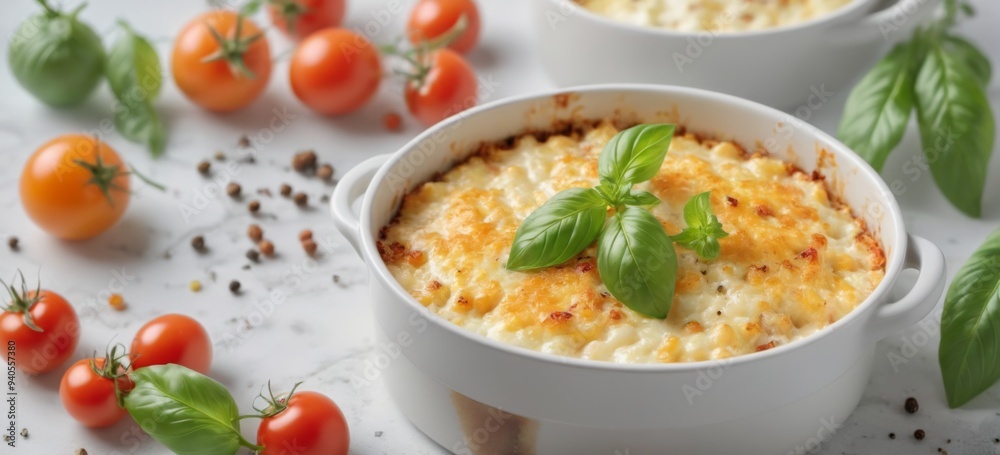 Creamy Macaroni and Cheese in White Casserole Dish with Basil, P Creamy Macaroni and Cheese in White Casserole Dish with Basil, P