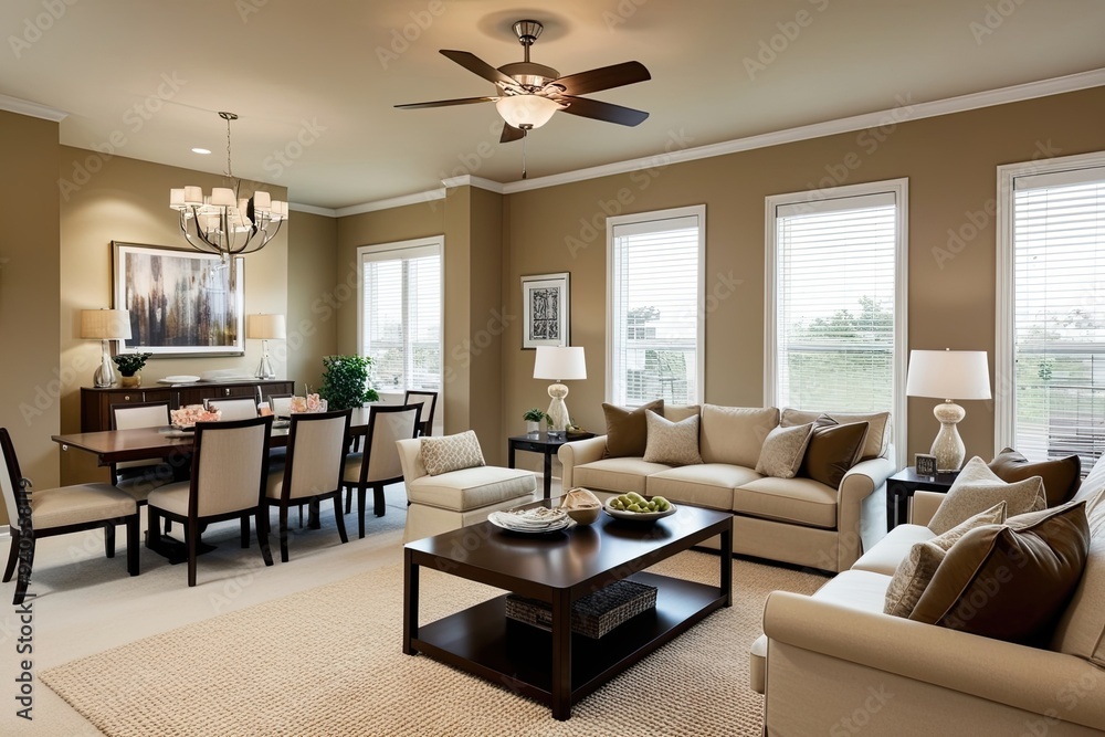 Fototapeta premium Inviting Beige Living Room Interior with Dining Area and Relaxation Corner