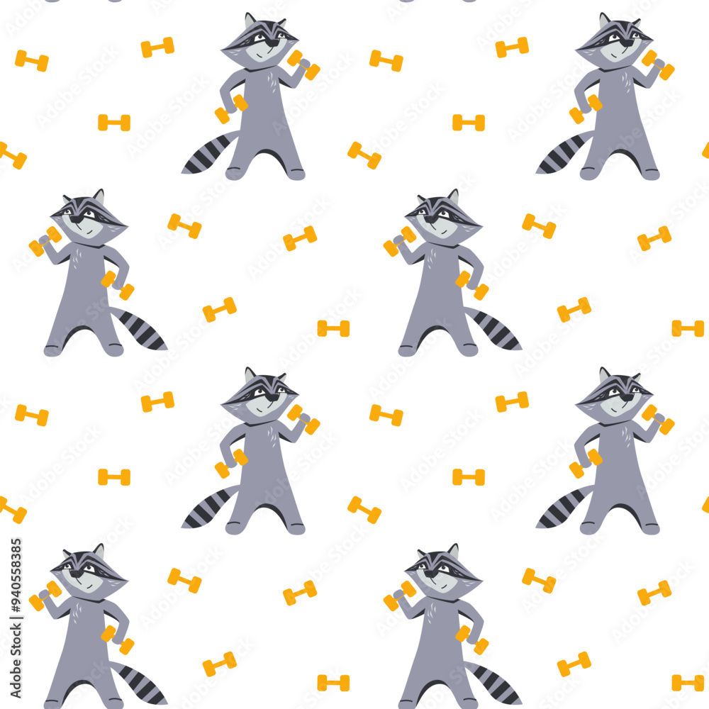 Vector seamless pattern with funny raccoons playing sports with a ...