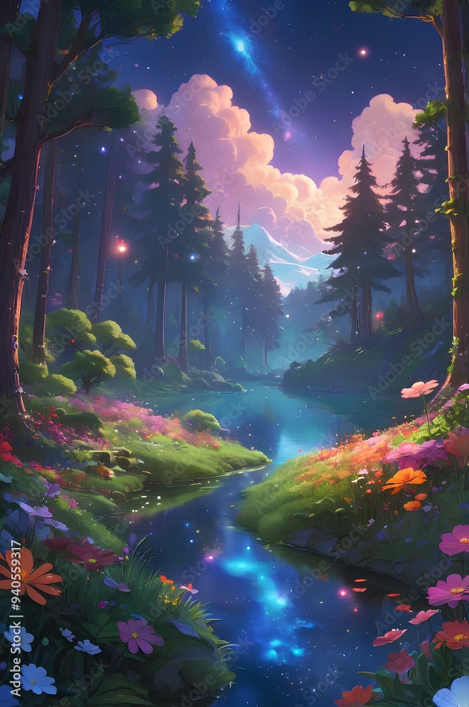 Fototapeta premium Dreamy Forest Landscape, A Blue River, Vibrant Flowers, and a Starry Sky in a Verdant Landscape