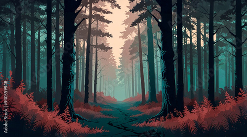 Forest Trees Trail Path Vector Illustration Teal and Maroon Colors. Landscape, Woods Background Backdrop