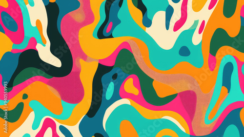 Playful psychedelic abstract pattern with bold pink orange teal lime green and teal