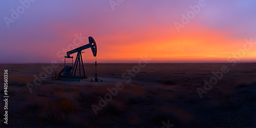 Silhouette of an oil pump jack at sunset, oil prices and instability issues concept