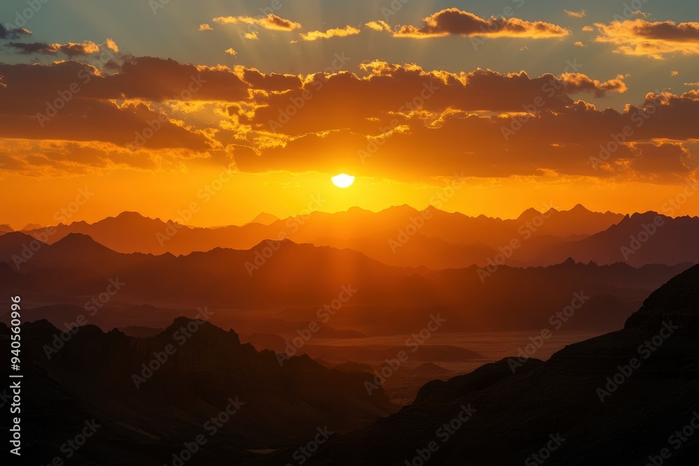 Epic sunset landscape sky with big bright sun going behind the mountains in Egypt , ai Epic sunset landscape sky with big bright sun going behind the mountains in Egypt , ai