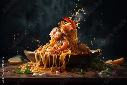 seafood noodles with shrimp and clams suspended in mid-air, captured in a stunning dark food photography shot with a smoky background, showcasing a dynamic and artistic presentation of gourmet Asian