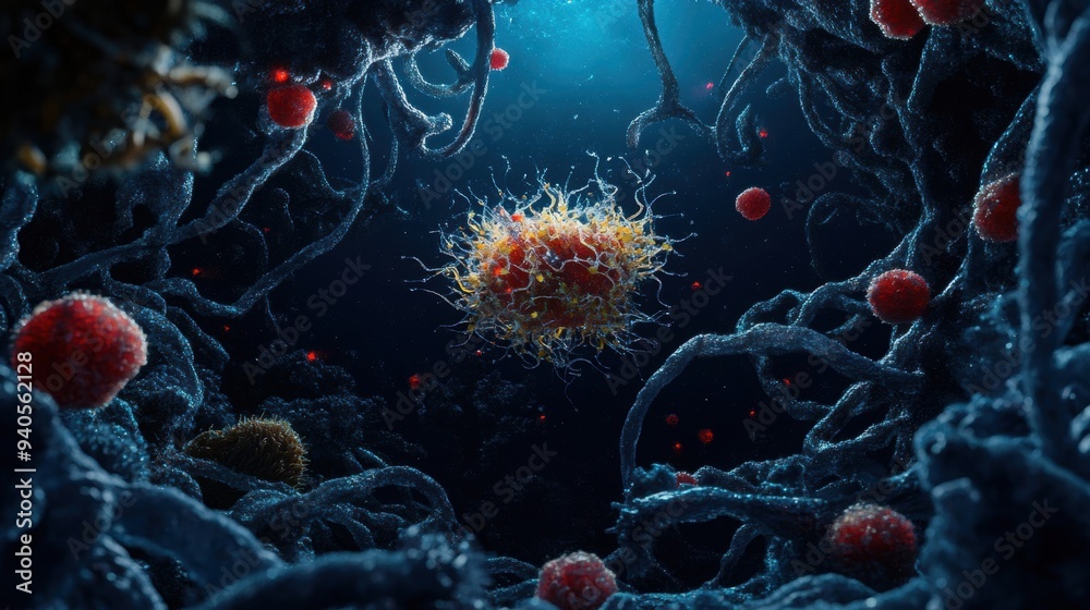 Fototapeta premium A surreal depiction of the biomass network, featuring plankton at the center of the food chain, set against a deep-sea backdrop.