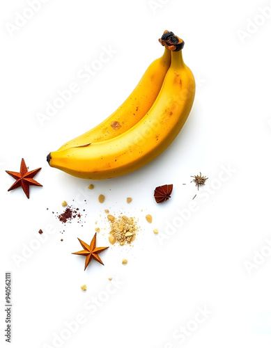 two ripe yellow banans with spices, white background photo