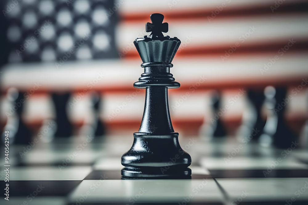 Chess board and chess pieces with a background of USA flag Chess board and chess pieces with a background of USA flag