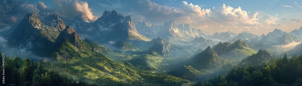A Panoramic View of a Mountain Range Under a Cloudy Sky A Panoramic View of a Mountain Range Under a Cloudy Sky