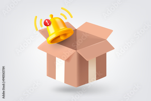 Open package box with notification bell. 3d vector illustration photo