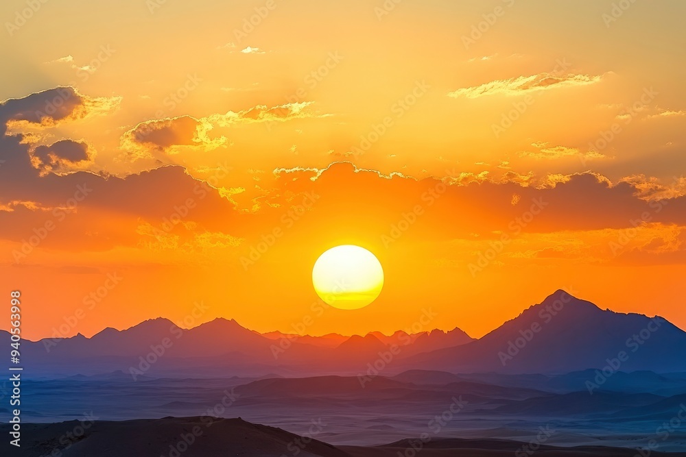 Epic sunset landscape sky with big bright sun going behind the mountains in Egypt , ai Epic sunset landscape sky with big bright sun going behind the mountains in Egypt , ai