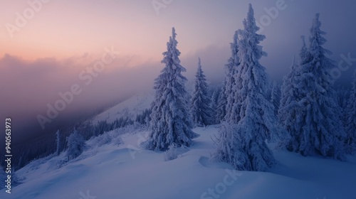 Snowy firs on Carpathian winter hill.