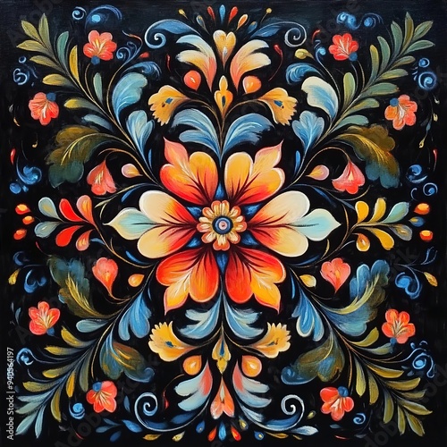  A beautiful, colorful flower design in the center of a square, in the style of folk art,Traditional Norwegian Scandinavian folk art known as rosemaling is characterized by hand-painted designs.