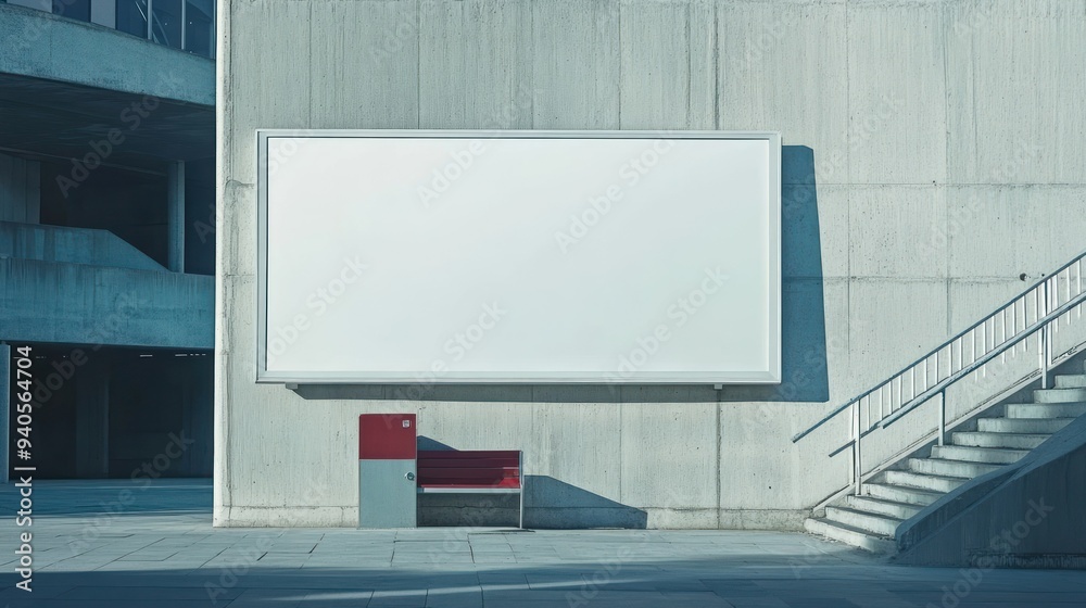 Blank Billboard on a Concrete Wall with Bench and Stairs Blank Billboard on a Concrete Wall with Bench and Stairs