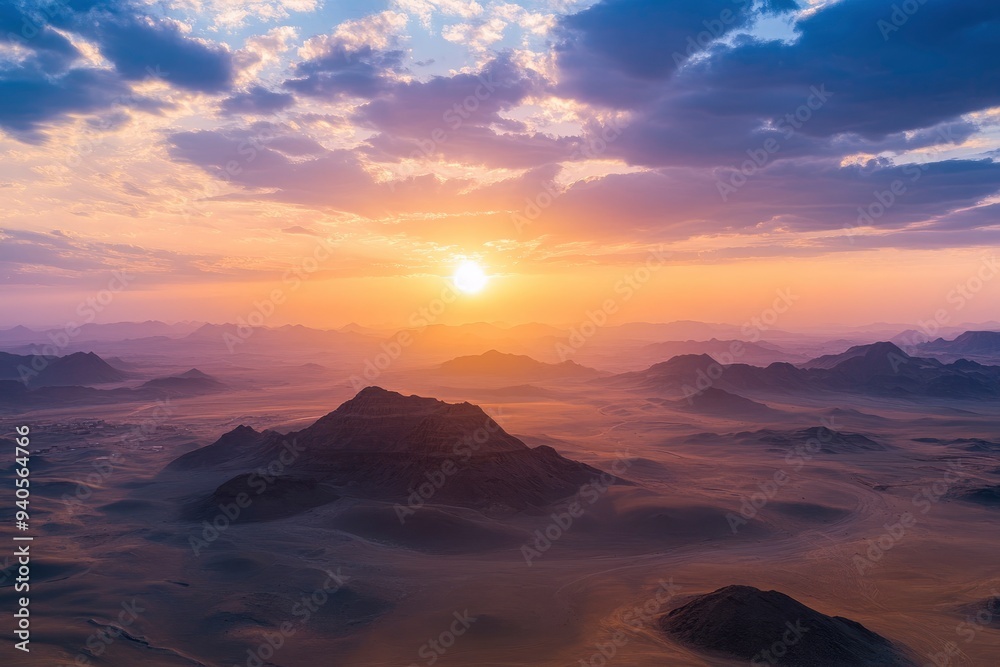 Epic sunset landscape sky with big bright sun going behind the mountains in Egypt , ai Epic sunset landscape sky with big bright sun going behind the mountains in Egypt , ai