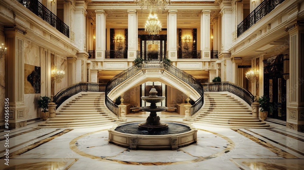 Obraz premium Grand Staircase and Fountain in a Luxurious Mansion