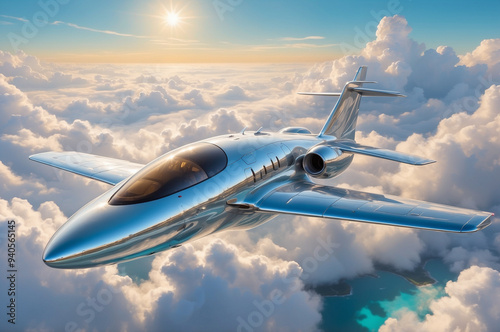 futuristic chrome plane flaying in the sky 