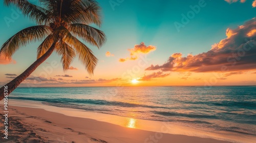 Beautiful sunset tropical beach with palm tree and blue sky for travel and vacation in holiday relax time