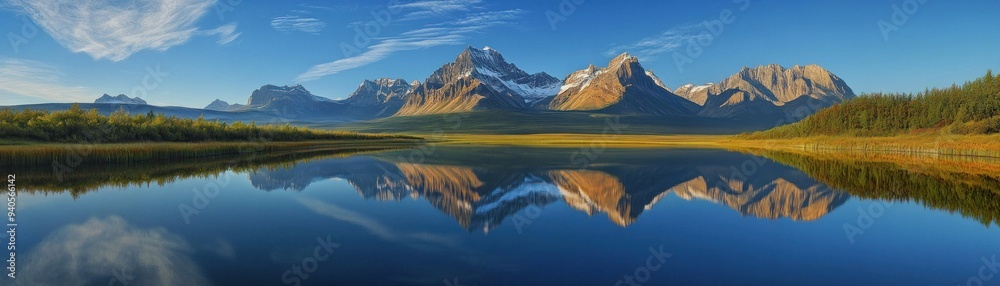 Mountain Range Reflection in Still Lake Water Mountain Range Reflection in Still Lake Water