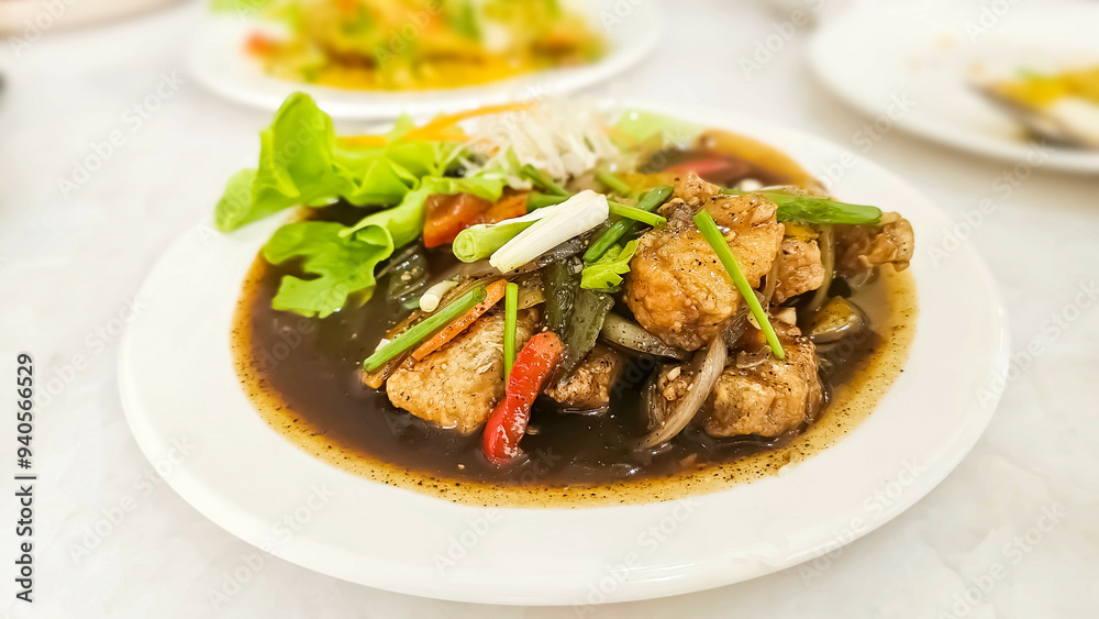 Stir-Fried Sea Bass with Chinese Celery and Black Pepper. Stir-Fried Sea Bass with Chinese Celery and Black Pepper.