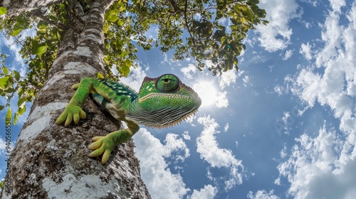 Bright green Parson's chameleon, ultra wide angle view, colorful chameleon climbing up tree trunk upside down against sunny sky. Wild animal, Madagascar photo