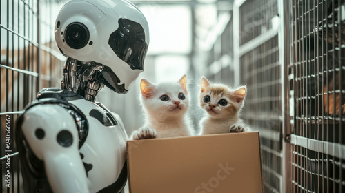 Robot hugging cats in box on animal shelter. Friendship of artificial intelligence and pet. Blurred background with cages. Concept of love, compassion, care and volunteering