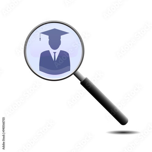 Magnifying glass find Graduation man. Student icon, education concept icon with research sign. Student icon and explore, find, inspect symbol