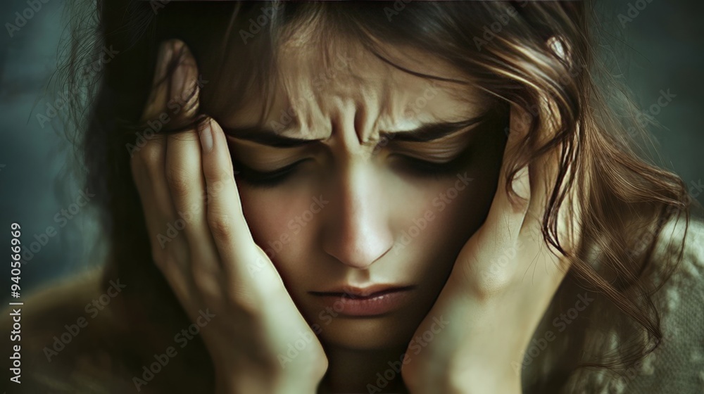 Depressed woman with headache. Depressed woman with headache.