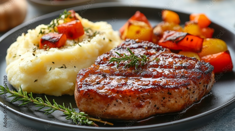 A plate of meat with a side of mashed potatoes and vegetables. The meat is cooked and seasoned perfectly, and the vegetables are roasted A plate of meat with a side of mashed potatoes and vegetables. The meat is cooked and seasoned perfectly, and the vegetables are roasted
