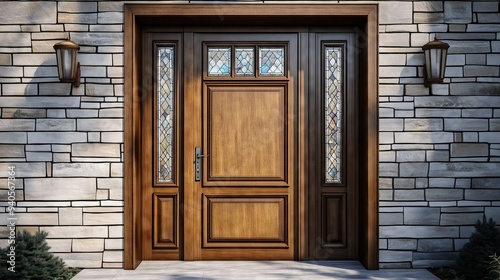 A front view brown wooden entrance door of a private house, mansion. Entrance door ideas