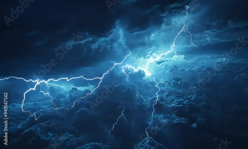 Intense lightning streaks across a stormy blue sky