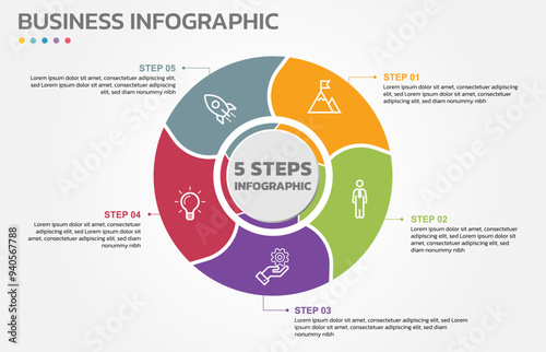 Visual data presentation. Cycle diagram with 5 options. Pie Chart Circle infographic template with 5 steps, options, parts, segments. Business concept. Editable pie chart with sectors. Single layer.