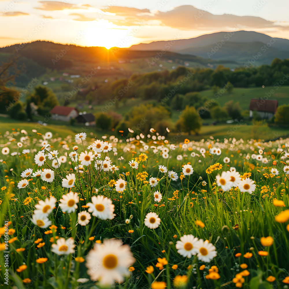 Obraz premium Summer landscape in the mountains. A green meadow in the glorious evening sunlight.