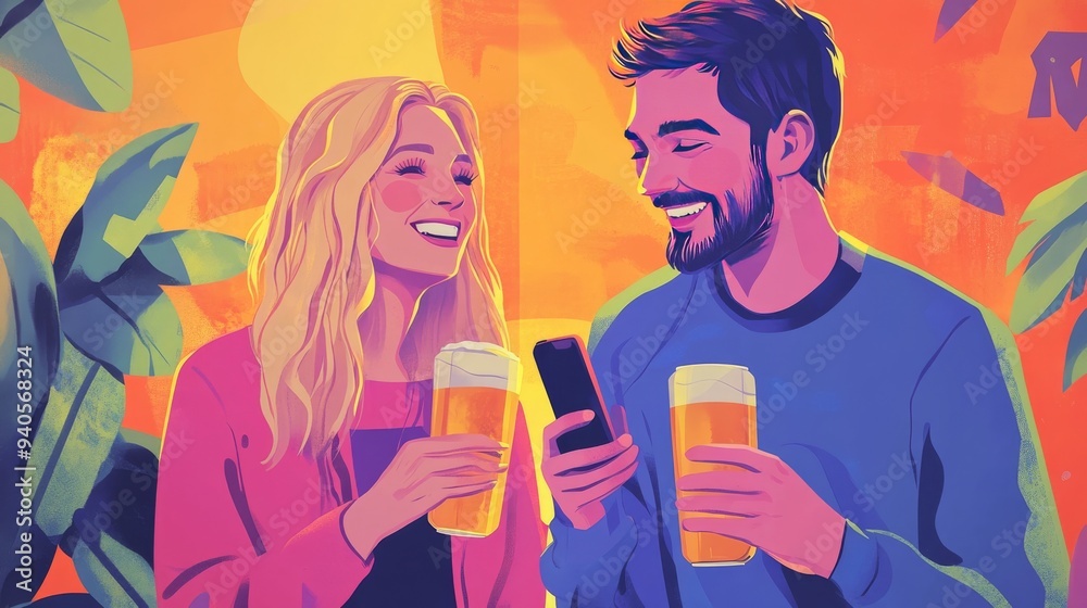 Cheerful couple with beers and a cellphone