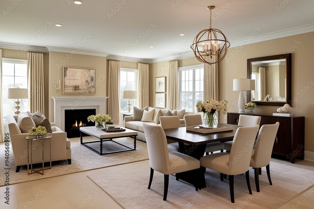 Soft Beige Interior Design Featuring Cozy Living Space and Elegant Dining Area Soft Beige Interior Design Featuring Cozy Living Space and Elegant Dining Area