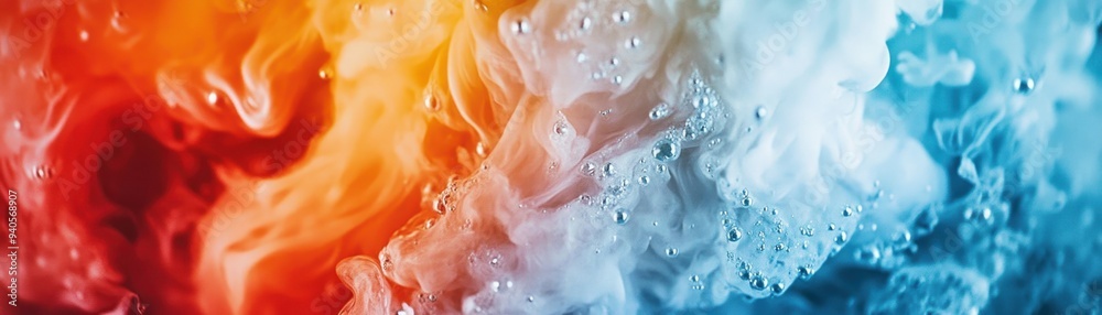 Abstract Close-up of Orange, White, and Blue Swirls with Bubbles Abstract Close-up of Orange, White, and Blue Swirls with Bubbles