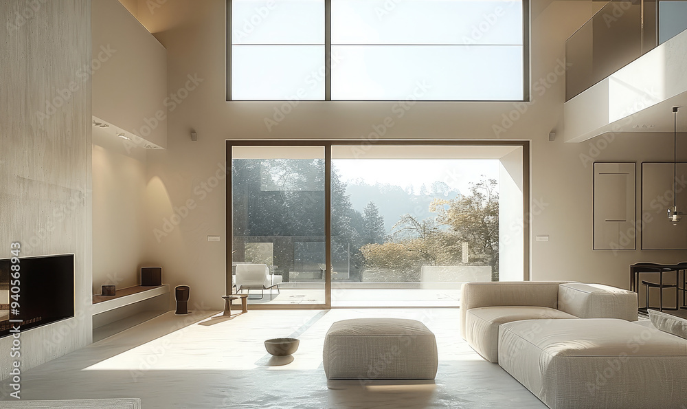 A modern minimalist living room featuring a hidden door, underground basement, floor-to-ceiling windows, balcony. Generative AI. A modern minimalist living room featuring a hidden door, underground basement, floor-to-ceiling windows, balcony. Generative AI.