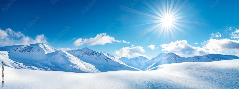 Fototapeta premium The sun shining brightly, snow-capped mountains distance,.Snowy range; foreground, mountains in pristine capsence