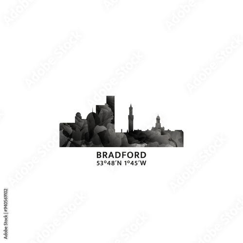 Bradford panorama, vector badge, skyline logo and icon. UK, England city horizon logotype with landmarks and building silhouettes. Isolated foggy abstract gradient graphic