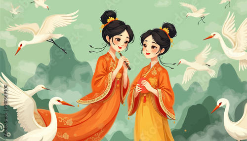 Asian women in traditional costumes, one playing a flute, surrounded by white birds, green mountains, and clouds