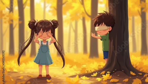 Autumnal Adventure: A Boy and Girl Standing Behind a Tree
