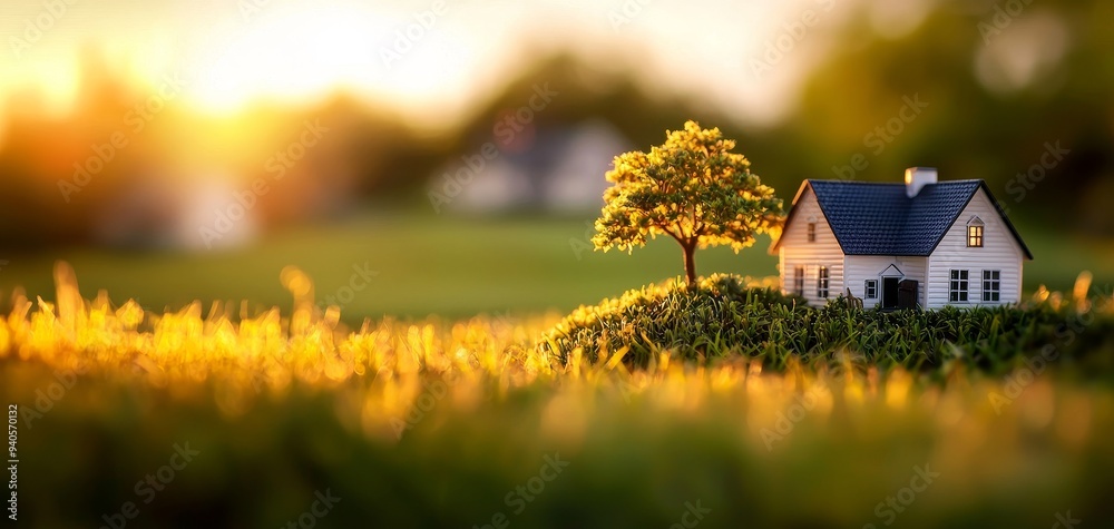 A serene miniature house surrounded by a lush green field and a bright sunset, capturing the essence of peaceful living. A serene miniature house surrounded by a lush green field and a bright sunset, capturing the essence of peaceful living.
