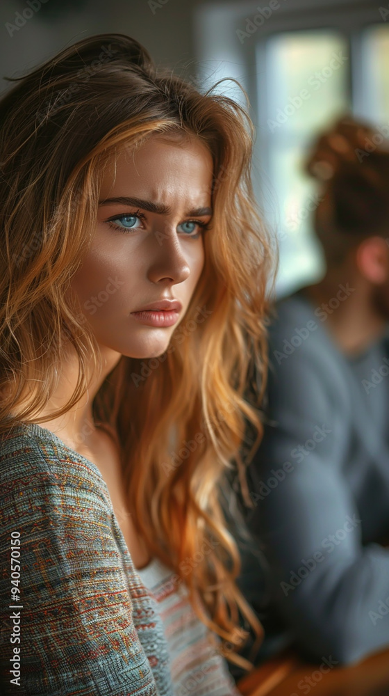 Fototapeta premium Young Woman with Intense Expression in Casual Setting, Natural Lighting, Fashionable, Contemplative, Indoors