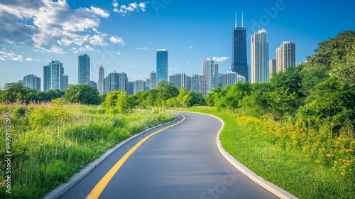 Bike path with city backdrop