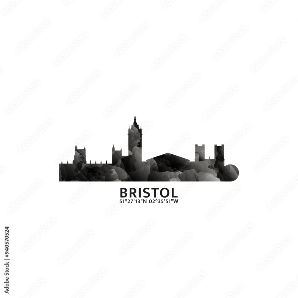 Bristol panorama, vector badge, skyline logo and icon. UK, England city horizon logotype with landmarks and building silhouettes. Isolated foggy abstract gradient graphic Bristol panorama, vector badge, skyline logo and icon. UK, England city horizon logotype with landmarks and building silhouettes. Isolated foggy abstract gradient graphic