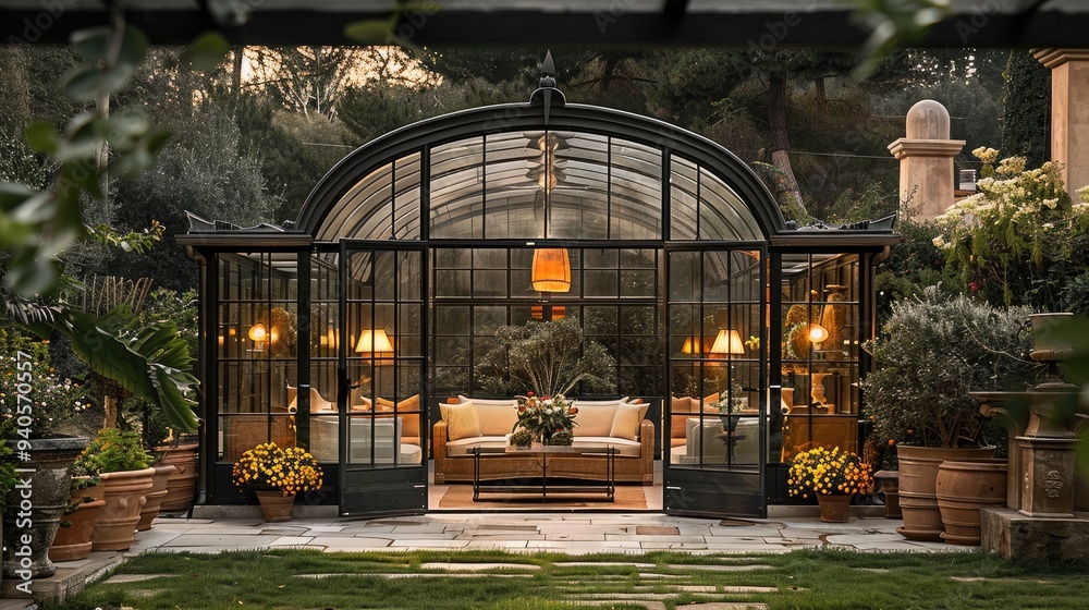 An elegant Victorian greenhouse in the garden of an old villa, surrounded by lemon trees and potted plants. The structure is made from weathered iron with glass panels. Generative AI. An elegant Victorian greenhouse in the garden of an old villa, surrounded by lemon trees and potted plants. The structure is made from weathered iron with glass panels. Generative AI.
