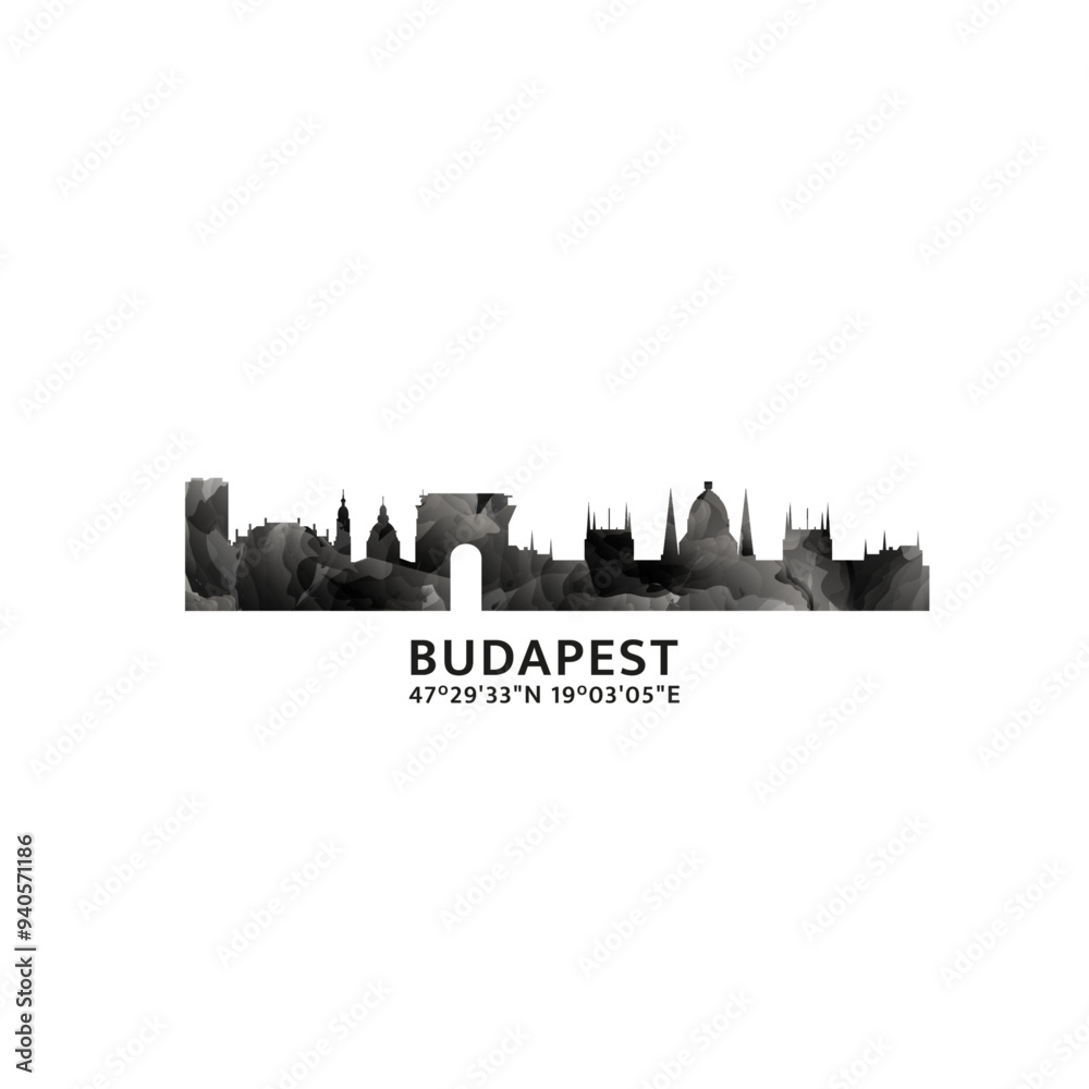 Naklejka premium Budapest panorama, vector badge, skyline logo and icon. Hungary capital city horizon logotype with landmarks and building silhouettes. Isolated foggy abstract gradient graphic