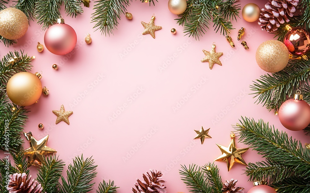 Christmas-themed decorations on a pink background with copy space which features Christmas ornaments and ribbons around the edges in a flat lay composition Christmas-themed decorations on a pink background with copy space which features Christmas ornaments and ribbons around the edges in a flat lay composition